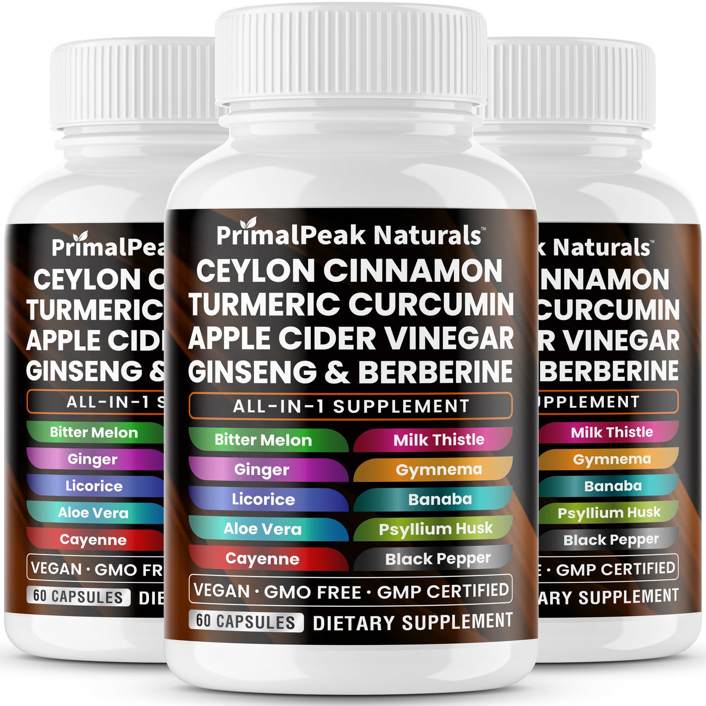 Ceylon Cinnamon Apple Cider Vinegar Turmeric Curcumin Panax Ginseng Berberine with Bitter Melon Banaba Milk Thistle Gymnema Gluco Health Vegan Capsules