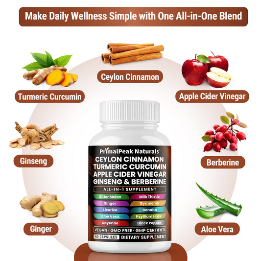 Ceylon Cinnamon Apple Cider Vinegar Turmeric Curcumin Panax Ginseng Berberine with Bitter Melon Banaba Milk Thistle Gymnema Gluco Health Vegan Capsules
