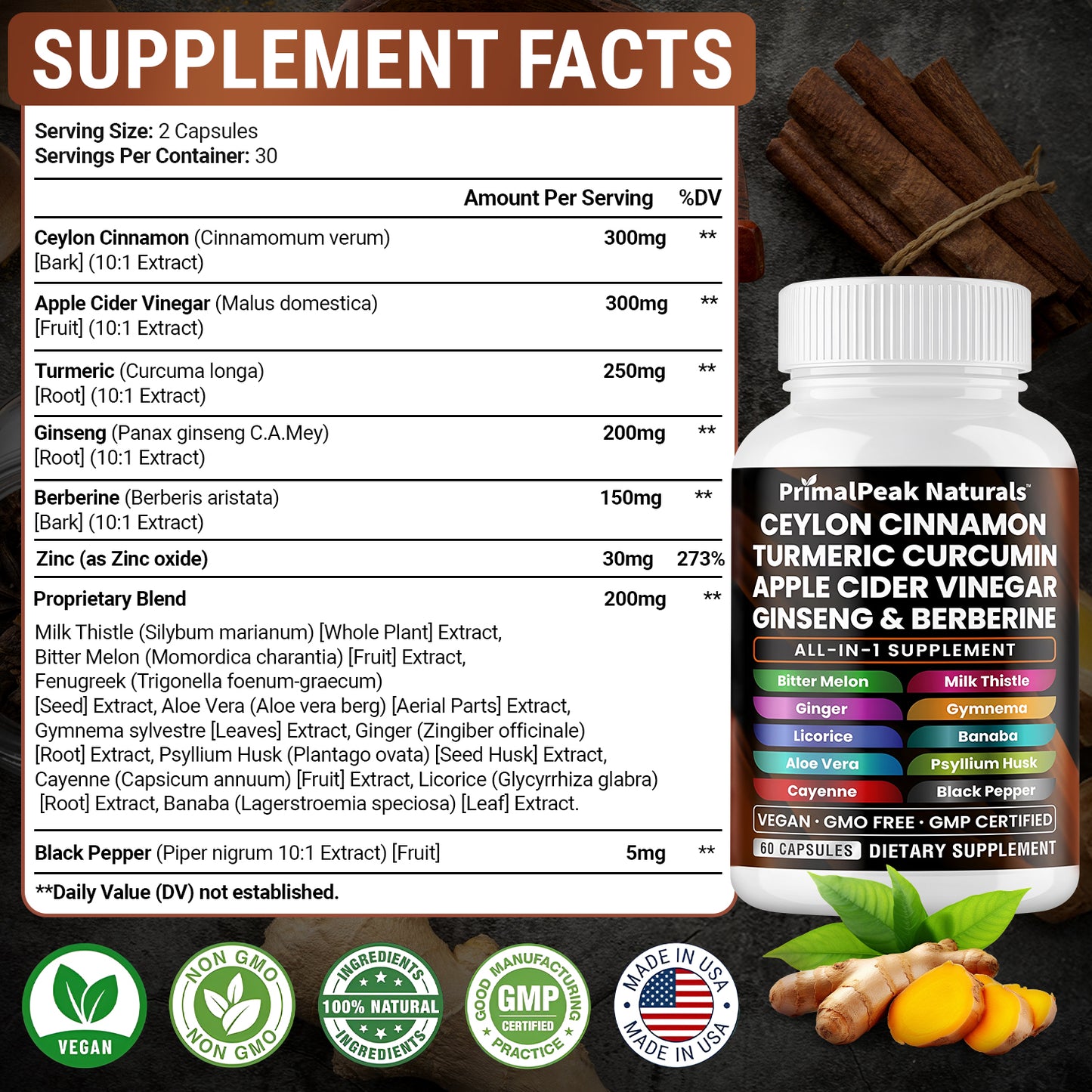 Ceylon Cinnamon Apple Cider Vinegar Turmeric Curcumin Panax Ginseng Berberine with Bitter Melon Banaba Milk Thistle Gymnema Gluco Health Vegan Capsules