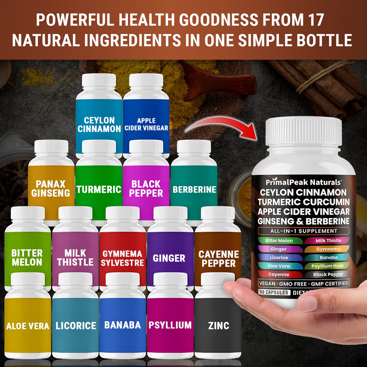 Ceylon Cinnamon Apple Cider Vinegar Turmeric Curcumin Panax Ginseng Berberine with Bitter Melon Banaba Milk Thistle Gymnema Gluco Health Vegan Capsules