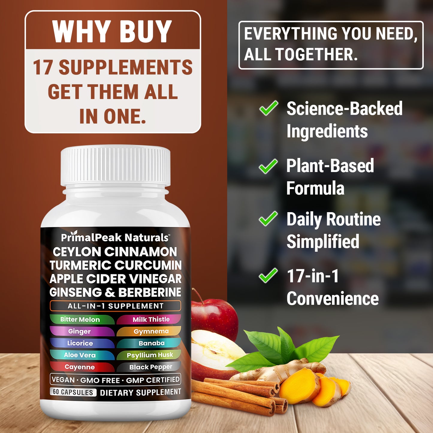 Ceylon Cinnamon Apple Cider Vinegar Turmeric Curcumin Panax Ginseng Berberine with Bitter Melon Banaba Milk Thistle Gymnema Gluco Health Vegan Capsules