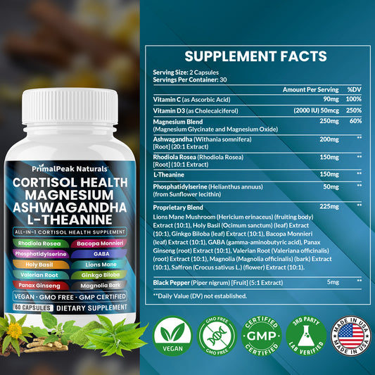Cortisol Supplements for Women and Men with Magnesium, Ashwagandha, Rhodiola Rosea, L-Theanine for Cortisol Reducer, Stress Relief and Sleep Support Vegan Capsules