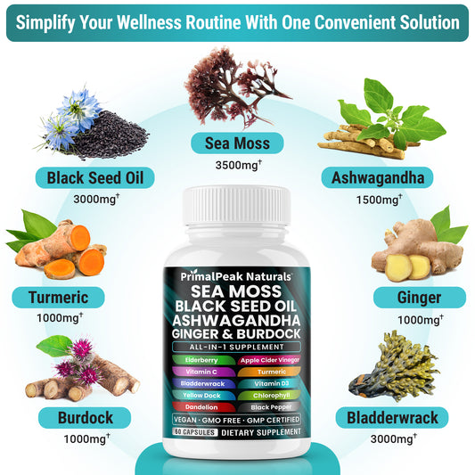 Sea Moss Black Seed Oil Ashwagandha Ginger Burdock All-in-one Multi Minerals Vegan Capsules