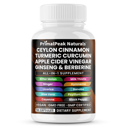 Ceylon Cinnamon Apple Cider Vinegar Turmeric Curcumin Panax Ginseng Berberine with Bitter Melon Banaba Milk Thistle Gymnema Gluco Health Vegan Capsules