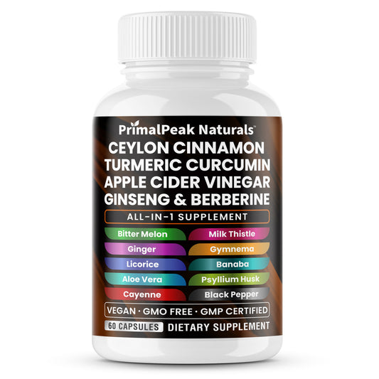 Ceylon Cinnamon Apple Cider Vinegar Turmeric Curcumin Panax Ginseng Berberine with Bitter Melon Banaba Milk Thistle Gymnema Gluco Health Vegan Capsules