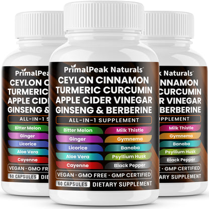 Ceylon Cinnamon Apple Cider Vinegar Turmeric Curcumin Panax Ginseng Berberine with Bitter Melon Banaba Milk Thistle Gymnema Gluco Health Vegan Capsules