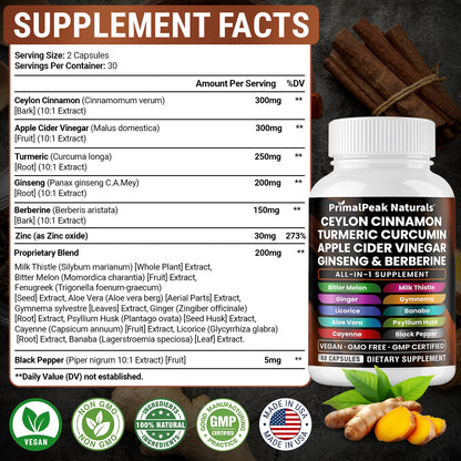 Ceylon Cinnamon Apple Cider Vinegar Turmeric Curcumin Panax Ginseng Berberine with Bitter Melon Banaba Milk Thistle Gymnema Gluco Health Vegan Capsules
