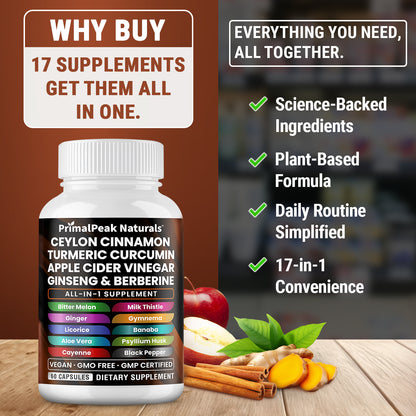 Ceylon Cinnamon Apple Cider Vinegar Turmeric Curcumin Panax Ginseng Berberine with Bitter Melon Banaba Milk Thistle Gymnema Gluco Health Vegan Capsules