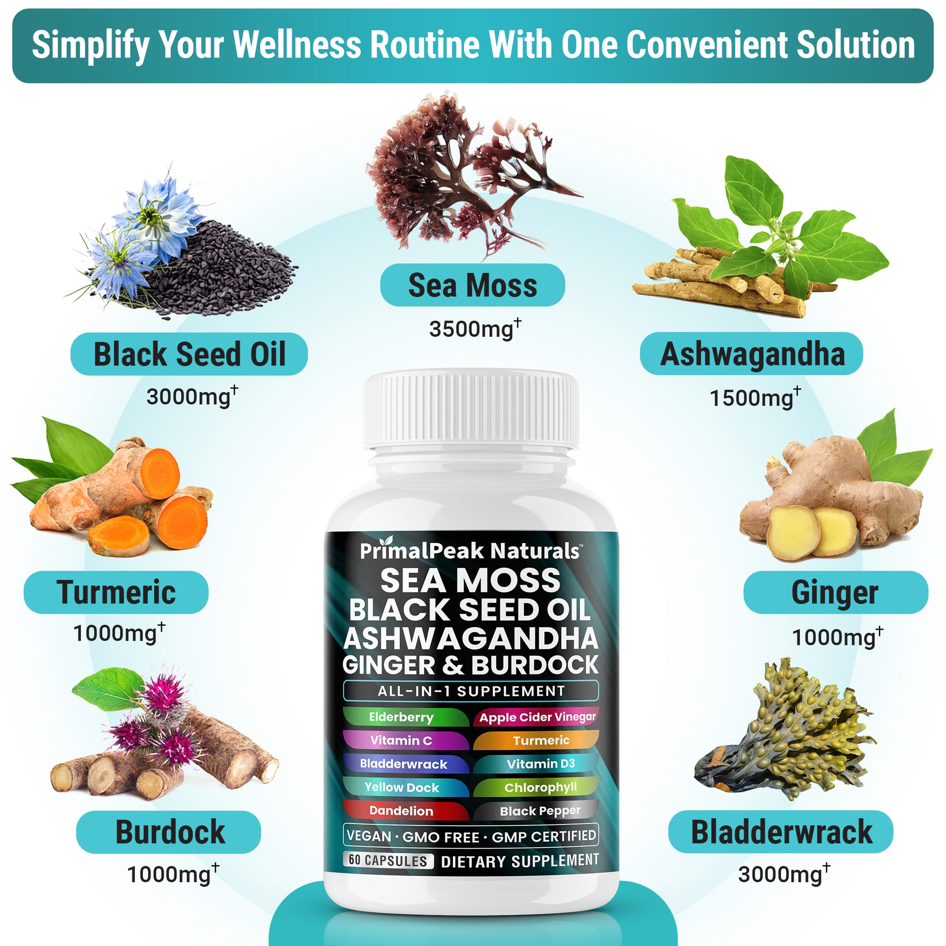 garden veggies and sea moss black seed oil ashwagandha Sea Moss Black Seed Oil Ashwagandha Ginger Burdock All-in-one Multi Mi – PrimalPeak Naturals