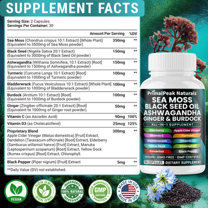 Sea Moss Black Seed Oil Ashwagandha Ginger Burdock All-in-one Multi Minerals Vegan Capsules