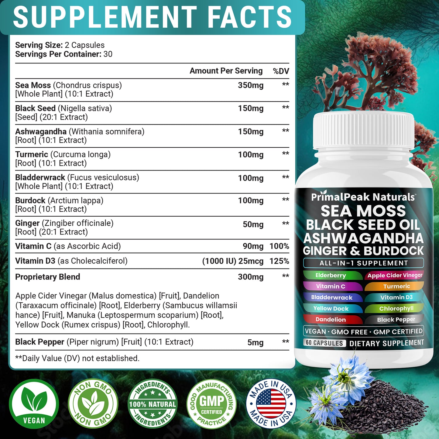 Sea Moss Black Seed Oil Ashwagandha Ginger Burdock All-in-one Multi Minerals Vegan Capsules