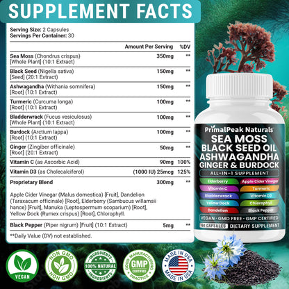 Sea Moss Black Seed Oil Ashwagandha Ginger Burdock All-in-one Multi Minerals Vegan Capsules