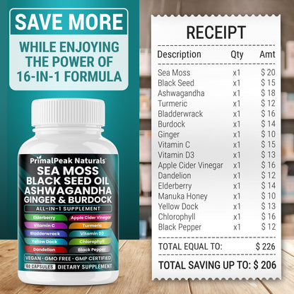 Sea Moss Black Seed Oil Ashwagandha Ginger Burdock All-in-one Multi Minerals Vegan Capsules