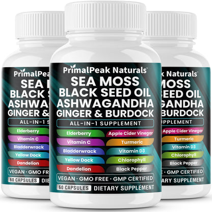 Sea Moss Black Seed Oil Ashwagandha Ginger Burdock All-in-one Multi Minerals Vegan Capsules
